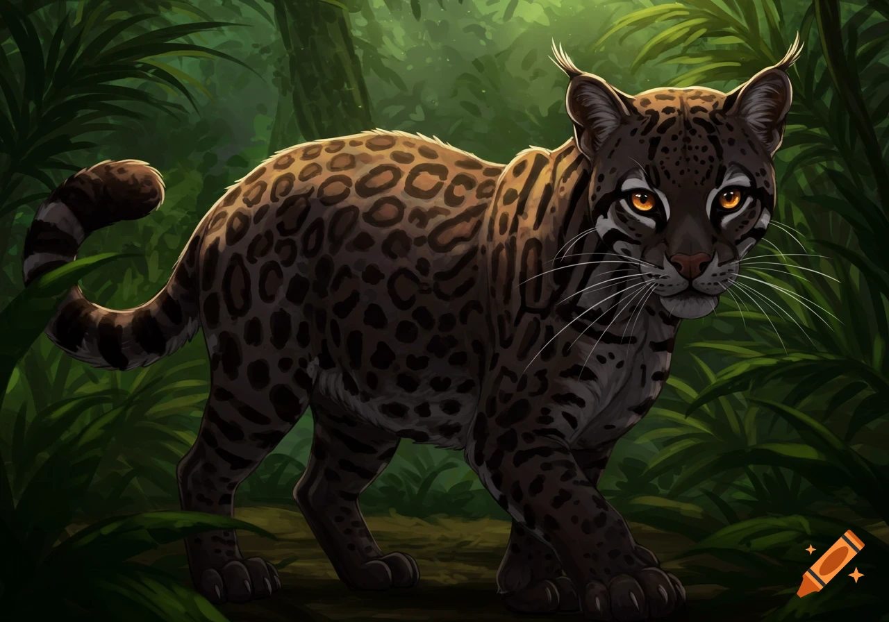 A spotted feline hybrid with tufted ears stands in a lush jungle, rendered in a painted style.