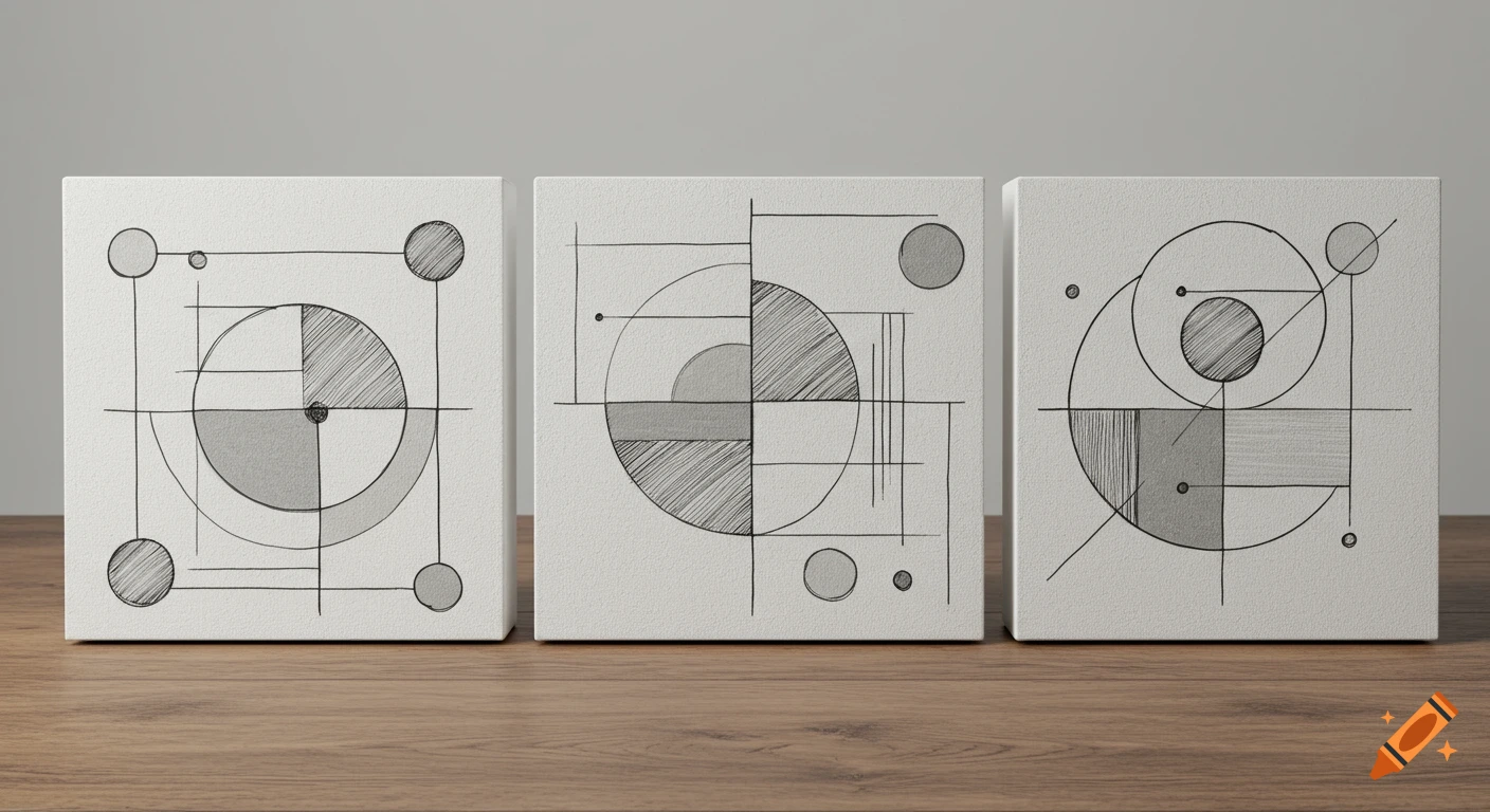 Three canvases displaying black and grey geometric sketches side by side on a wood surface.