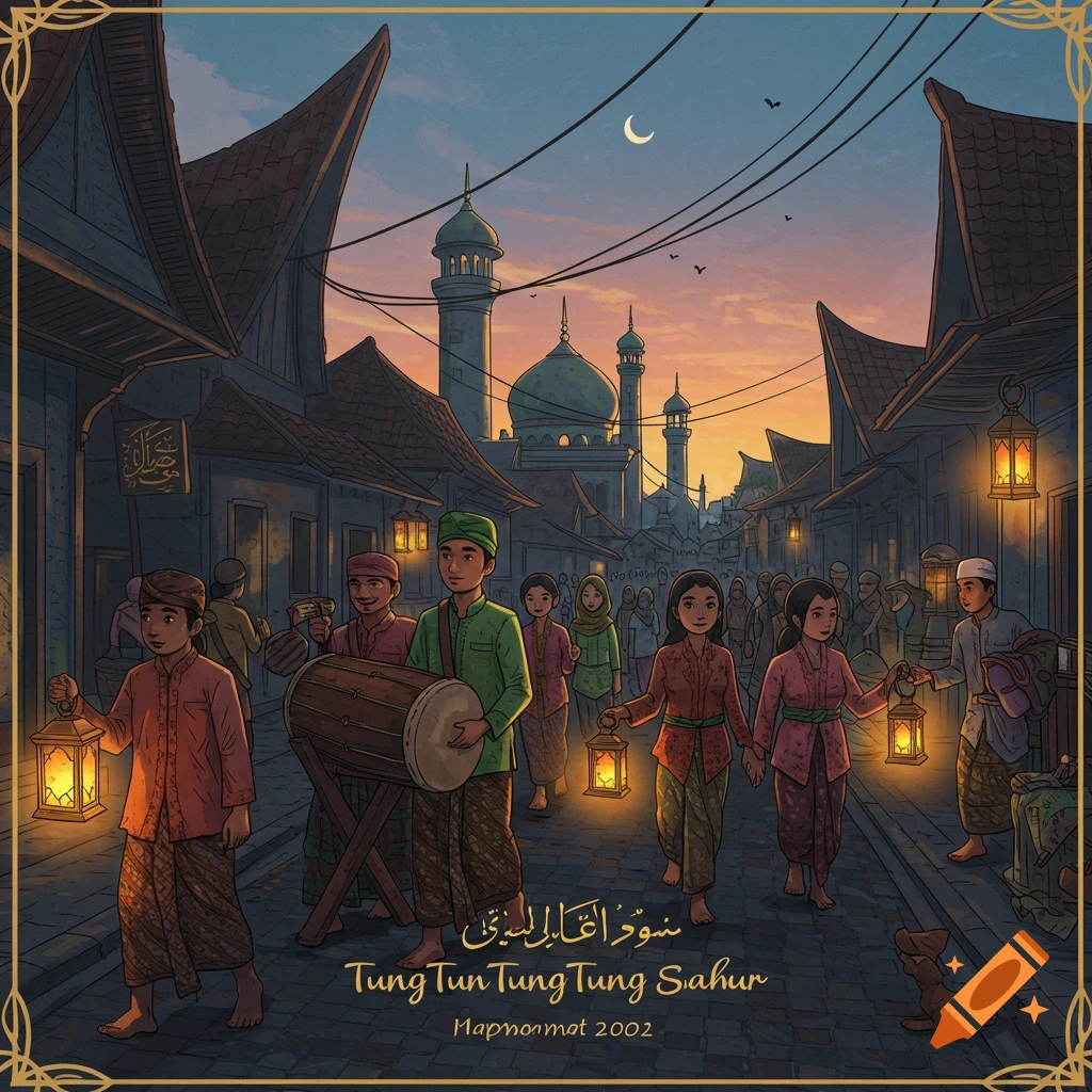 People in traditional clothes walk down a street at sunset with lanterns and a drum, heading towards a mosque.
