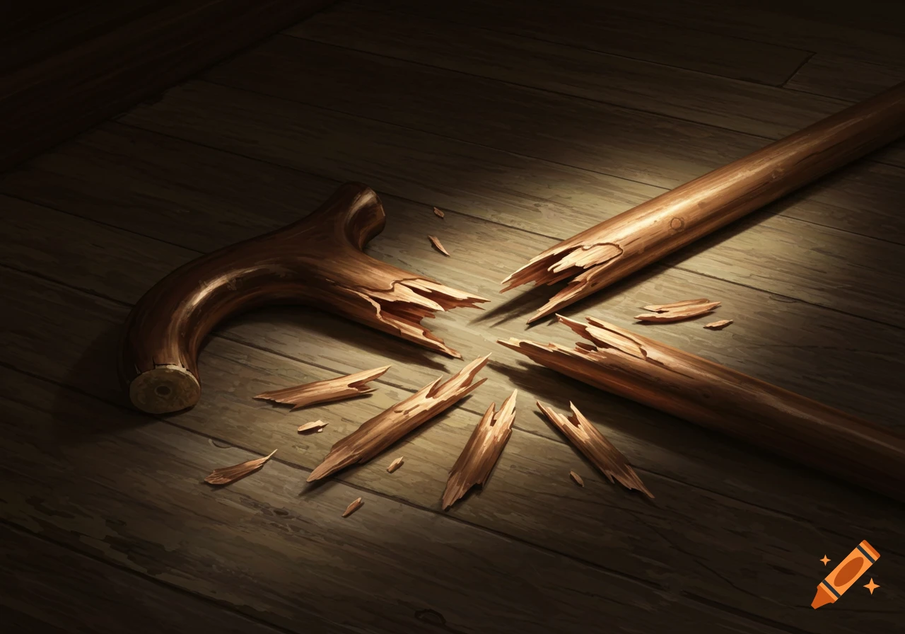 Broken wooden cane pieces lying on a wooden floor with side lighting.