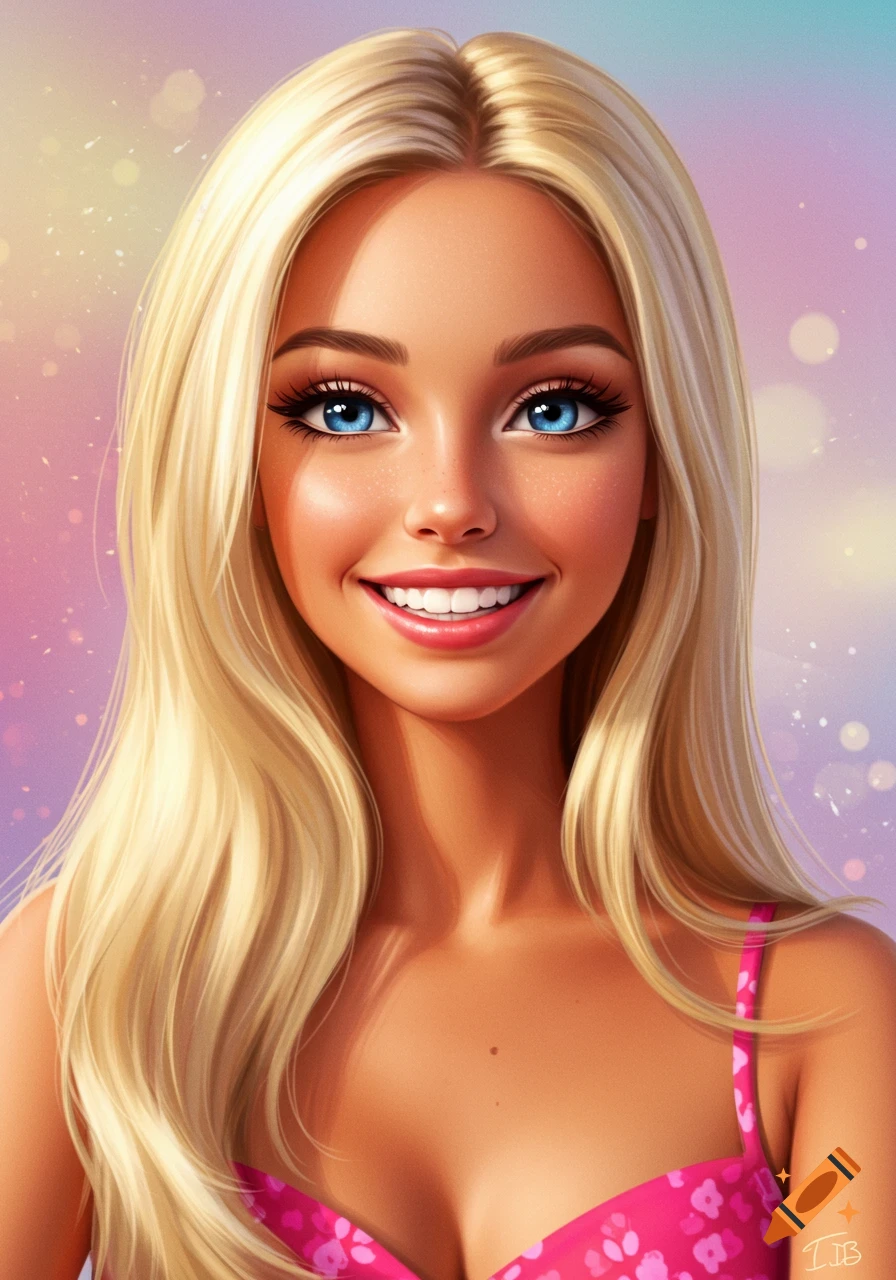 Stylized illustration of a smiling blonde woman with blue eyes resembling Barbie