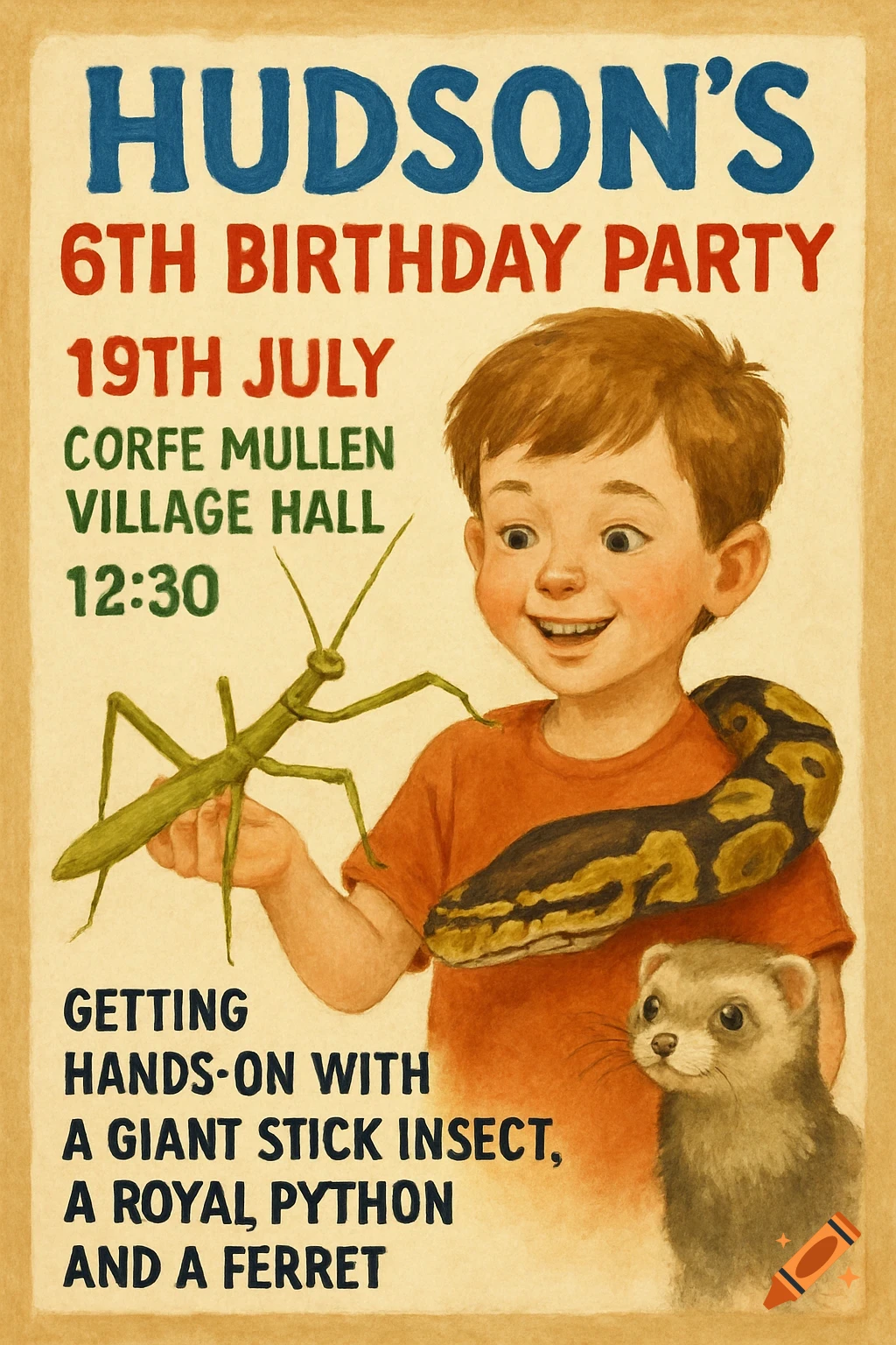 Illustrated birthday invitation showing a boy holding a stick insect, with a python around his neck and a ferret beside him.
