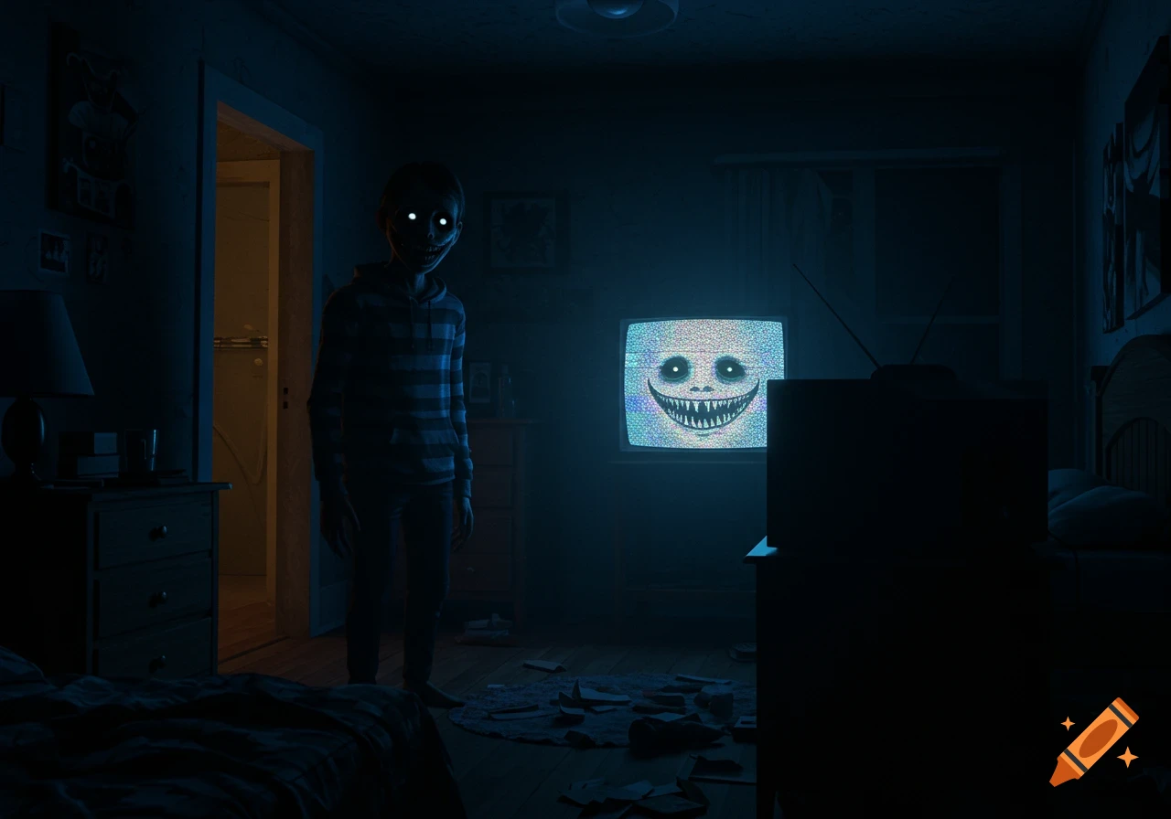 Creepy humanoid figure in a dark room with static-filled TV screen showing a distorted face, horror style.
