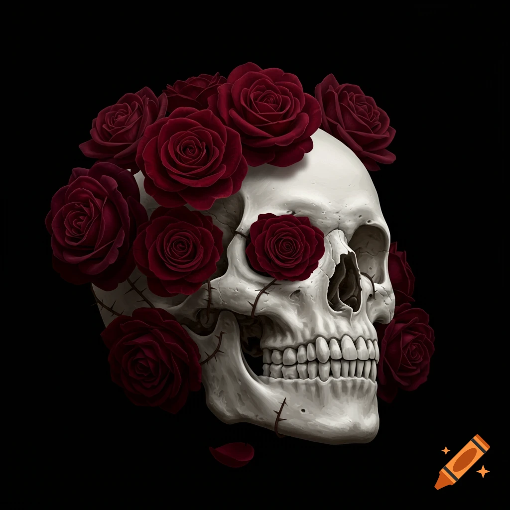 A human skull is adorned with dark red roses and thorns on a black background.