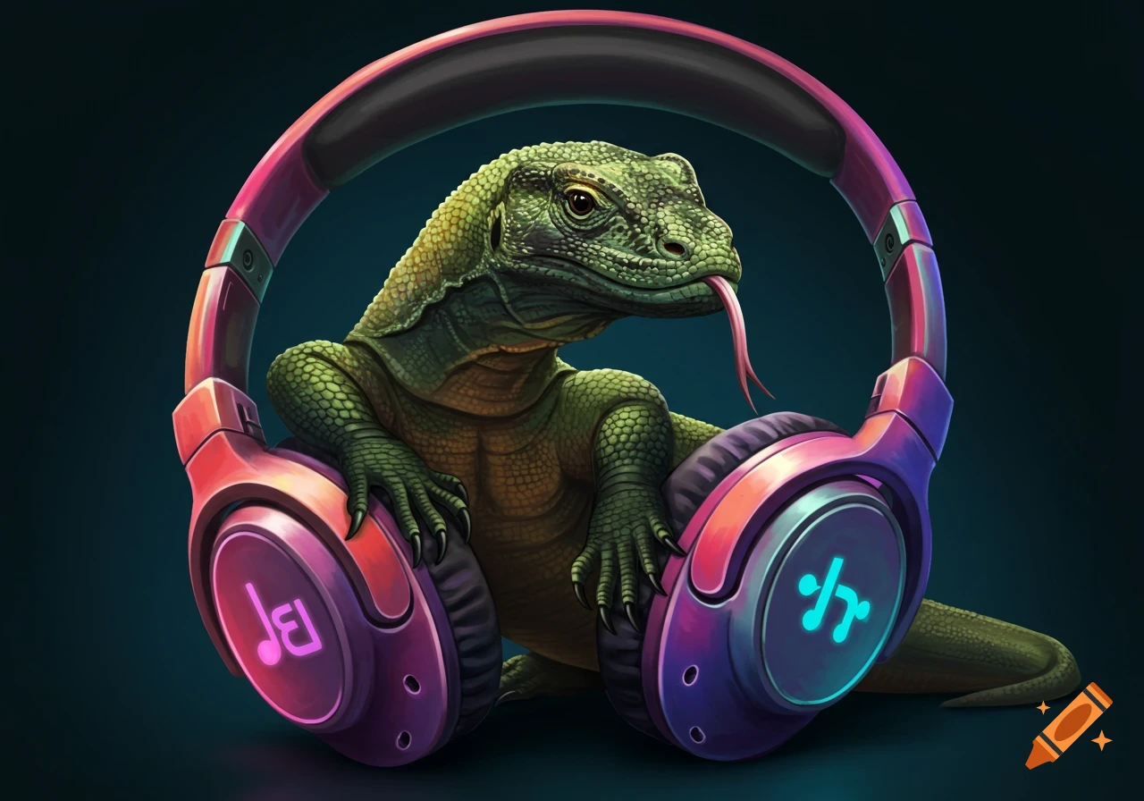 A detailed digital painting of a Komodo dragon wearing large pink and purple headphones.