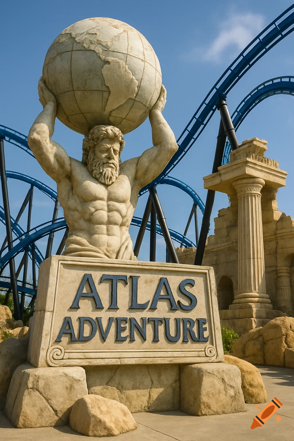 A statue of Atlas holding a globe in front of a rollercoaster track and classical architecture. A sign reads "ATLAS ADVENTURE".