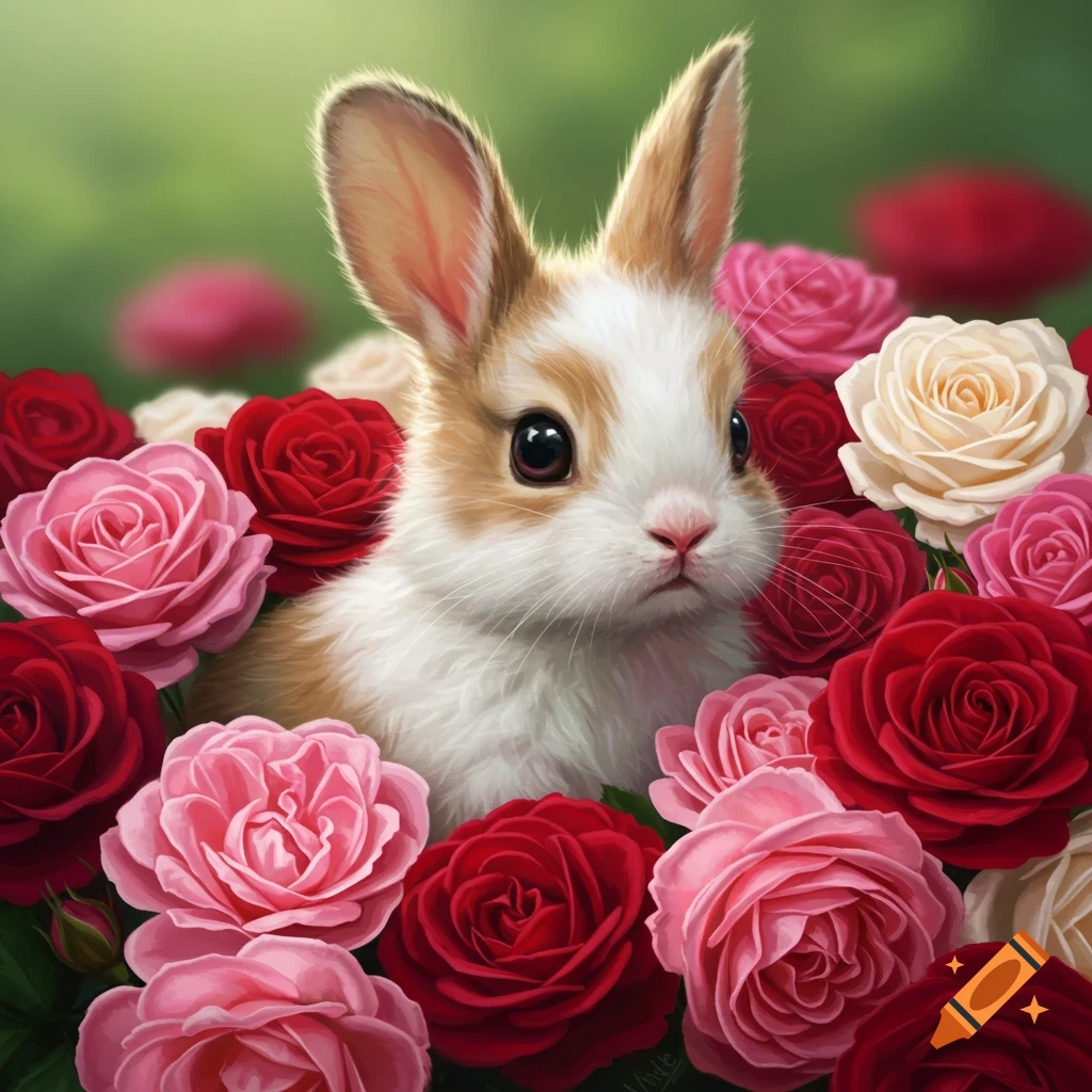 A cute bunny peers out from vibrant pink and red roses.