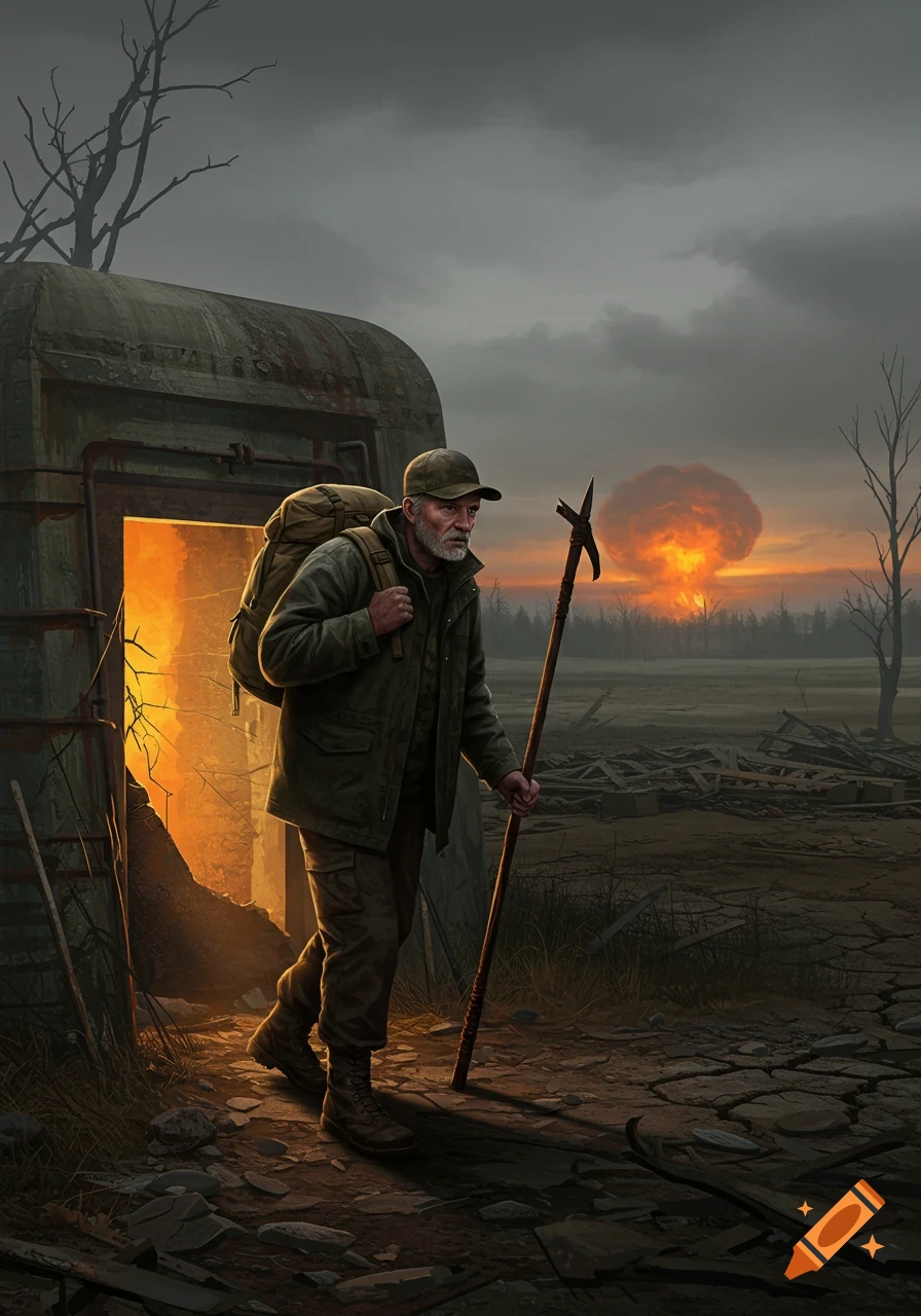 A man with a backpack and tool leaves a bunker in a desolate, post-apocalyptic landscape with a distant explosion.