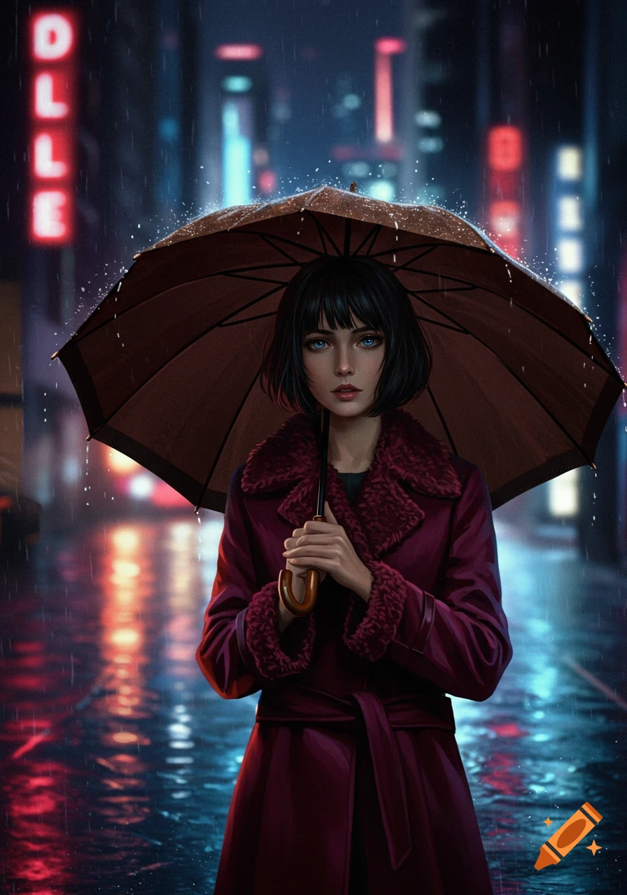 A woman with a dark bob haircut holds an umbrella while standing in the rain on a city street at night.