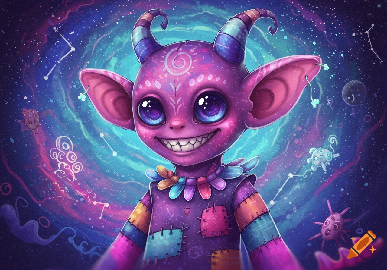 Cute purple alien creature with horns and patched clothes smiles in a vibrant, swirling galaxy background with small space entities.