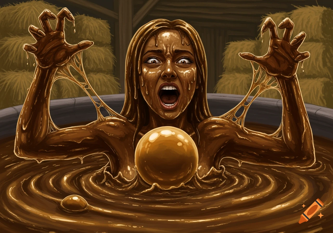 Woman covered in brown goo screams, arms raised, emerging from a vat in a barn setting. Digital painting style.