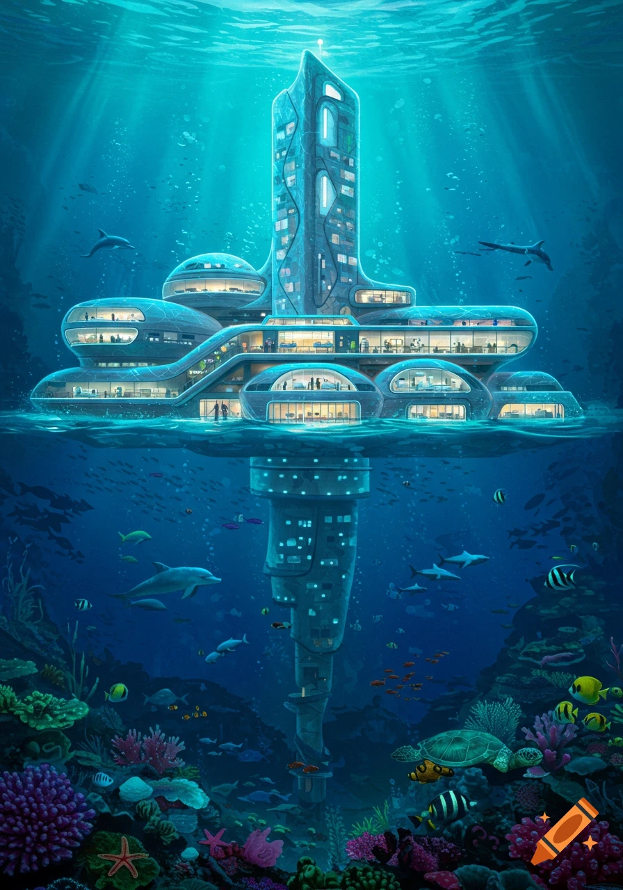 An illustration of a futuristic underwater building surrounded by colorful coral and diverse marine life. on Craiyon