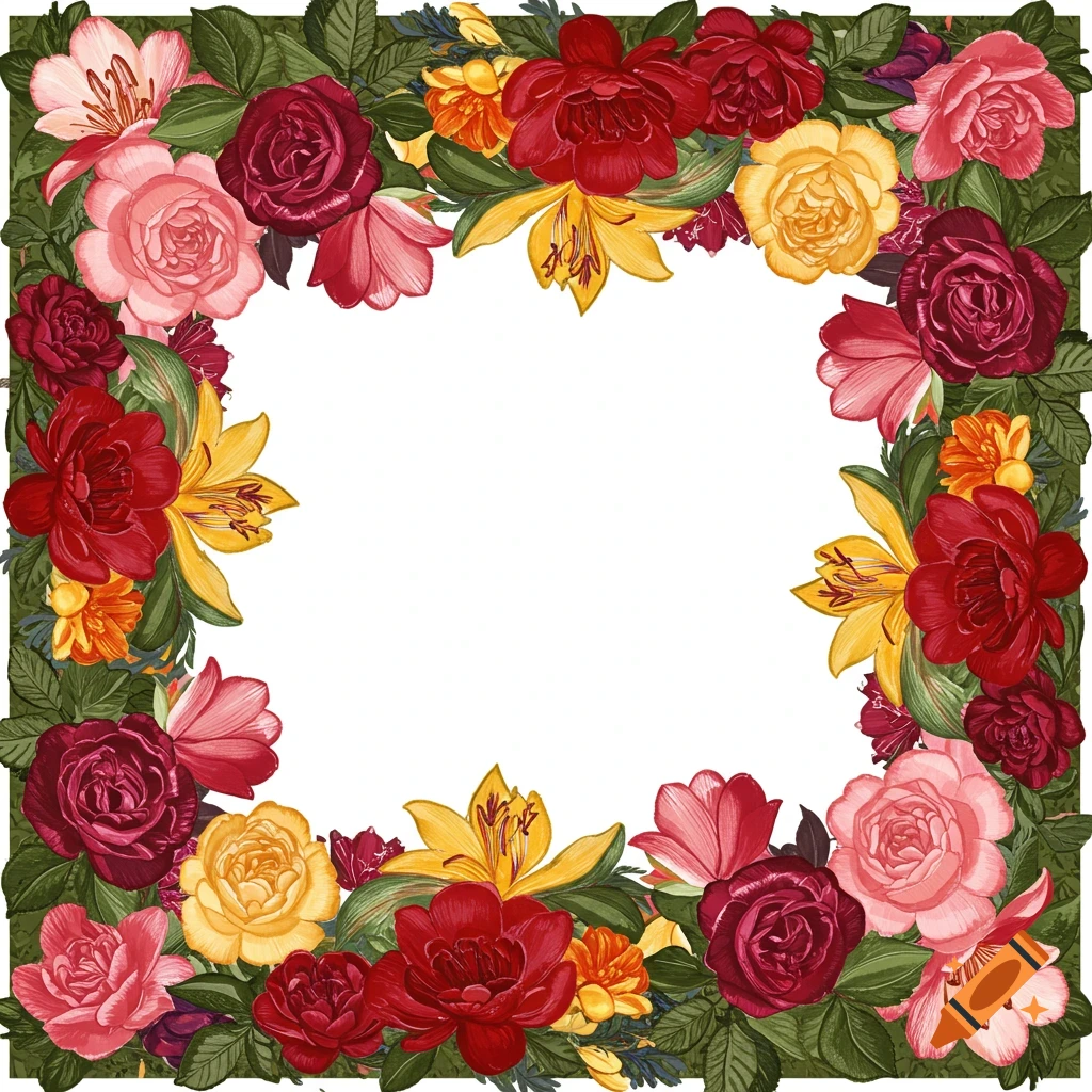 A decorative frame illustration made of red, pink, and yellow flowers and green leaves.