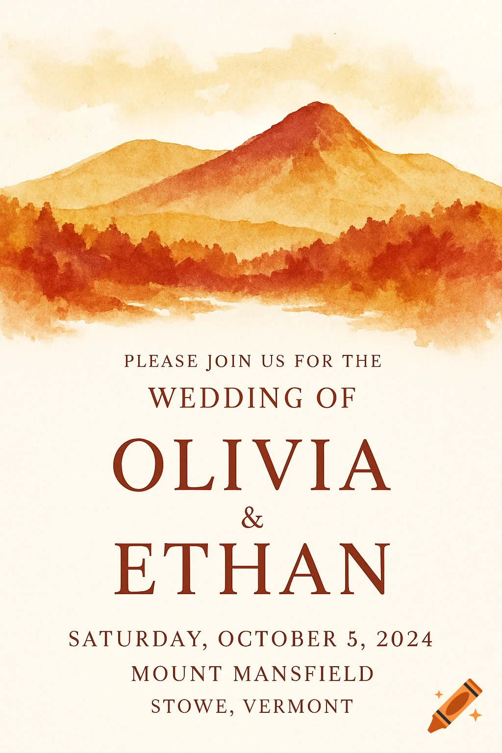 Watercolor wedding invitation with mountains and trees.