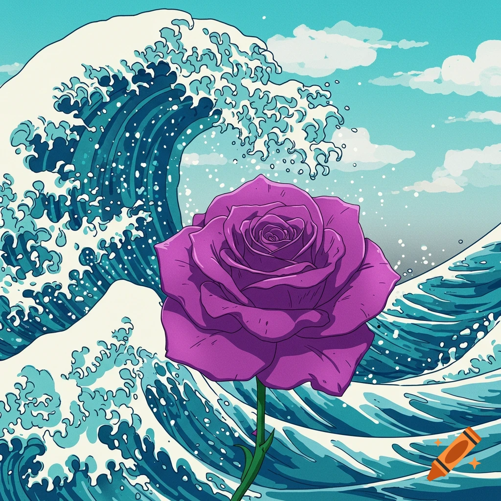 Purple rose against a backdrop of large anime-style ocean waves.
