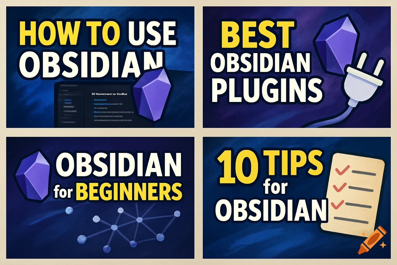 Four YouTube thumbnail designs for Obsidian software tutorials, featuring text and graphics like a purple crystal, plug, and checklist.