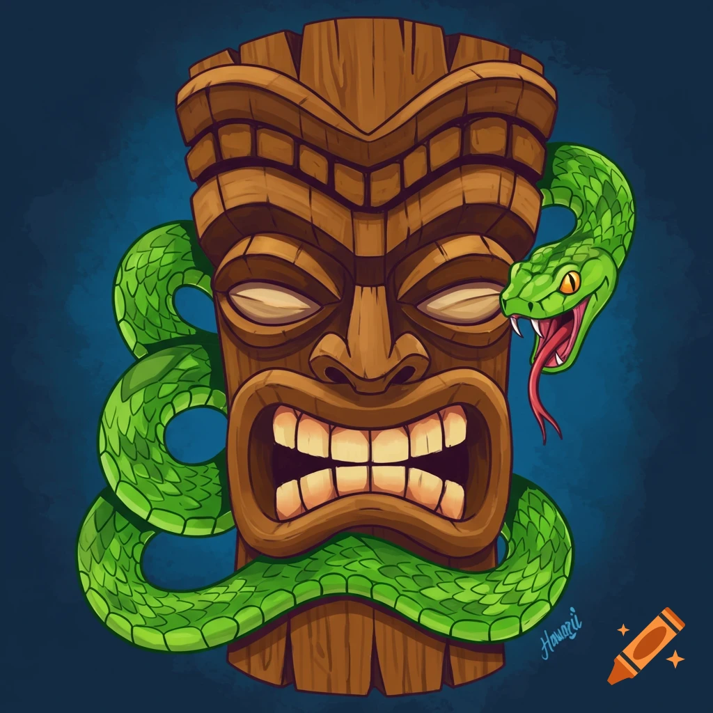 Illustration of a fierce tiki mask with a green snake wrapped around it.