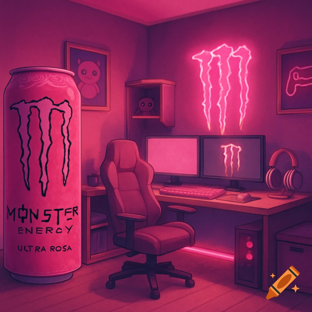 A stylized image of a giant pink Monster Energy can in a gaming room with a chair, desk, monitors, and neon lights.