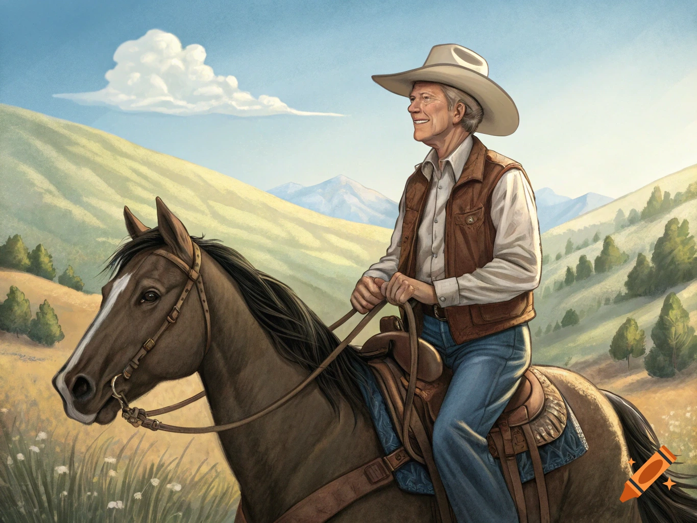 An illustration of a man in a cowboy hat riding a horse through a sunny, green, hilly landscape.