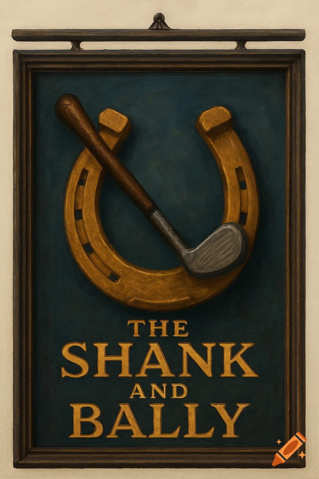 A painted sign for 'The Shank and Bally' pub, featuring a golden horseshoe and a golf club on a dark background.