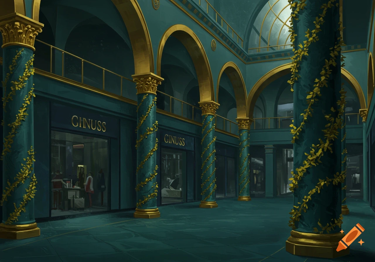 Interior view of a grand hall or shopping mall with teal walls, gold trim, arches, and large pillars wrapped in golden vines.