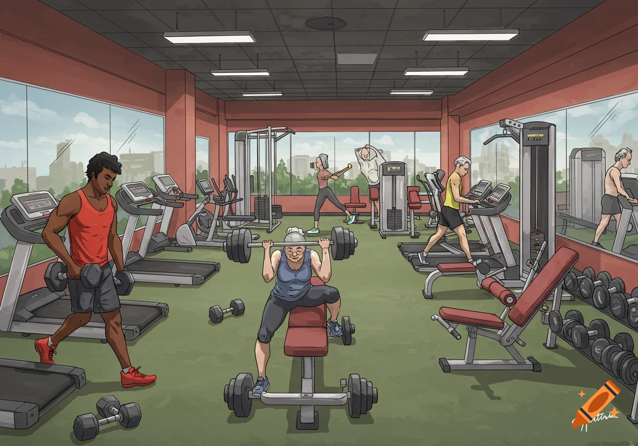 Drawing of people exercising in a gym with various equipment.