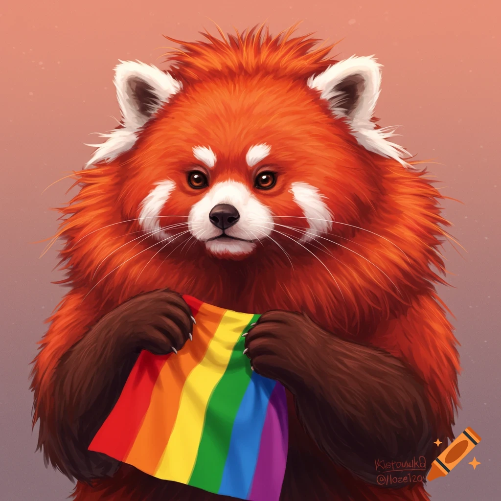 An illustration of a red panda holding a rainbow pride flag