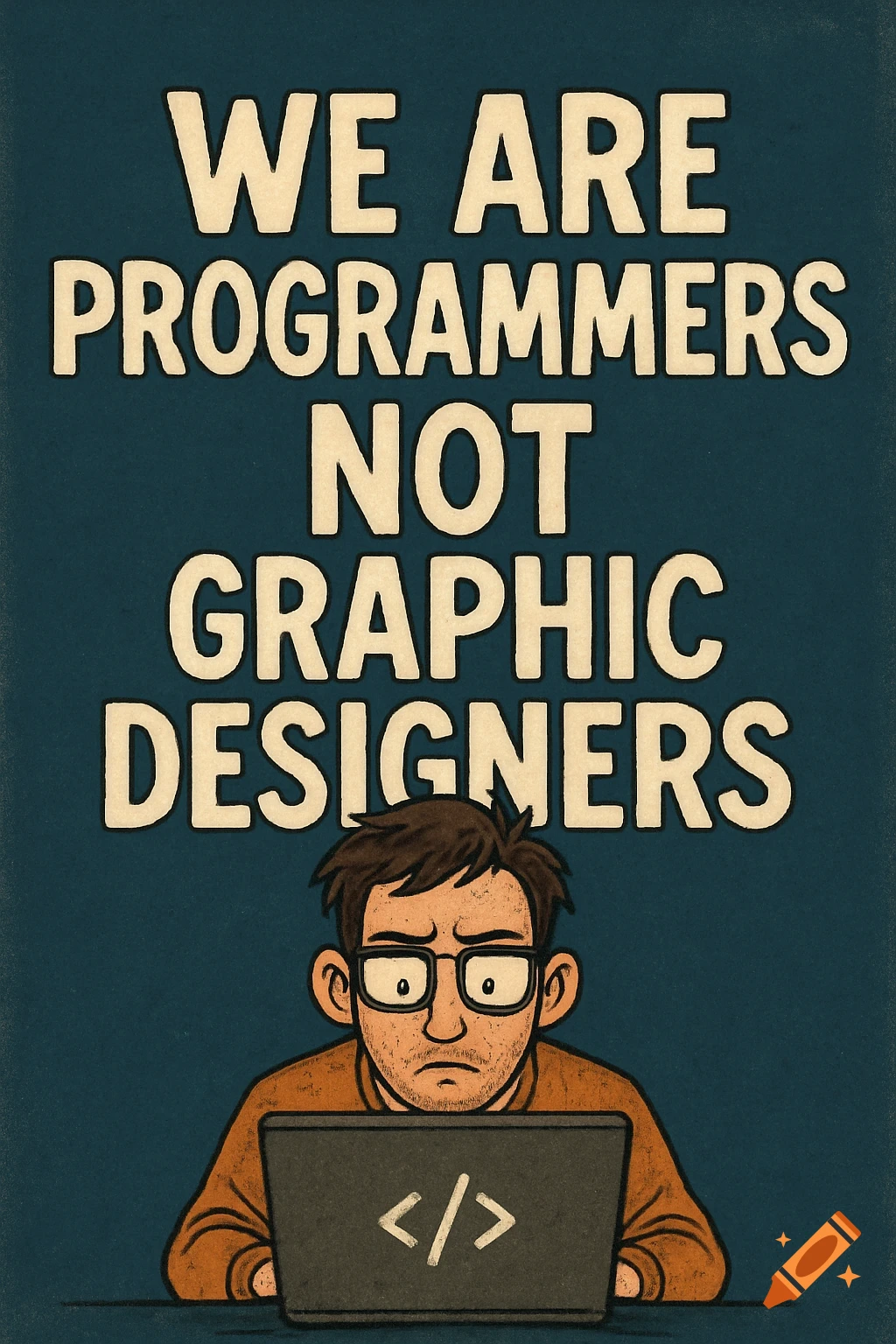 Cartoon of a programmer at a laptop with the text "WE ARE PROGRAMMERS NOT GRAPHIC DESIGNERS".