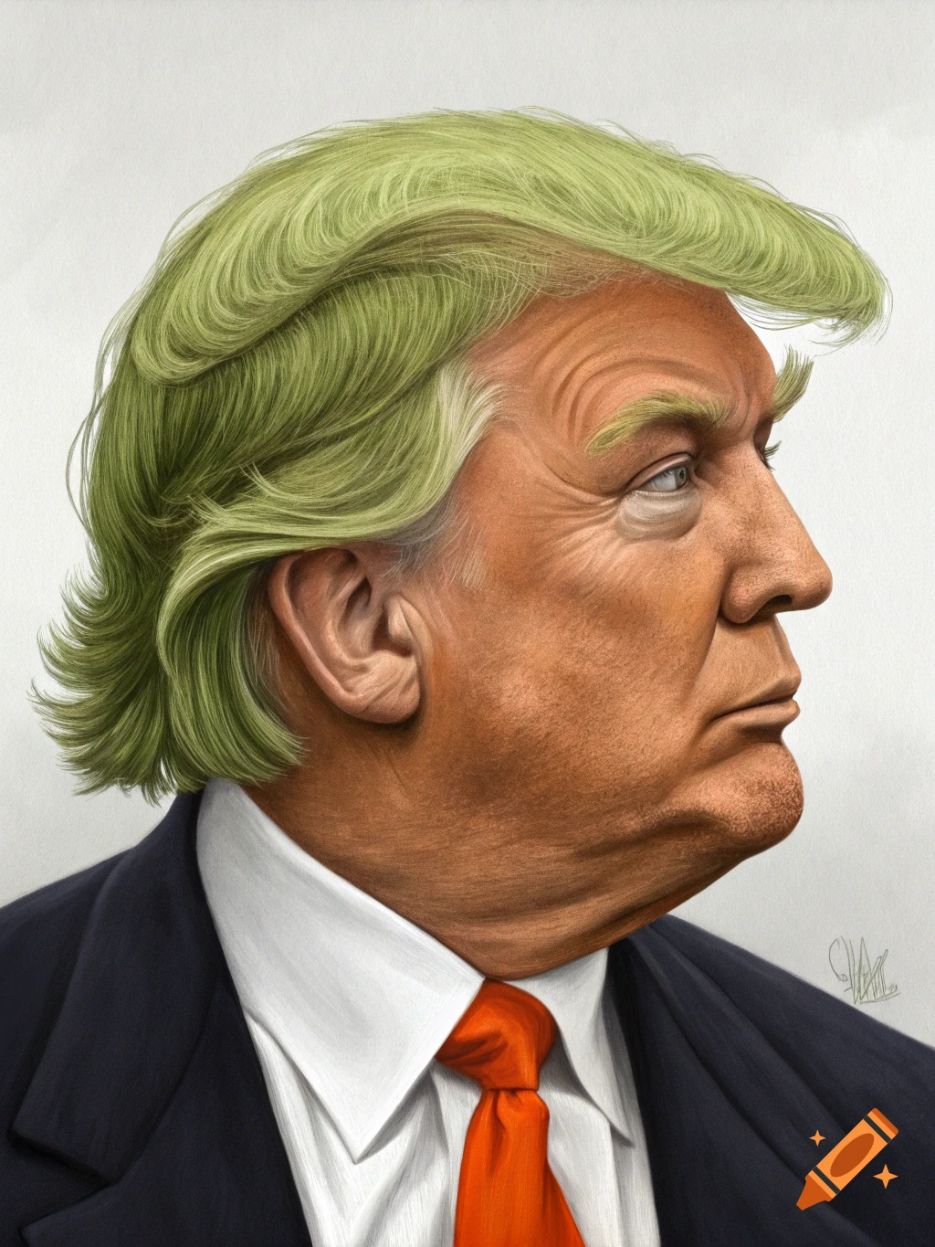 Caricature portrait of Donald Trump with green hair and orange skin