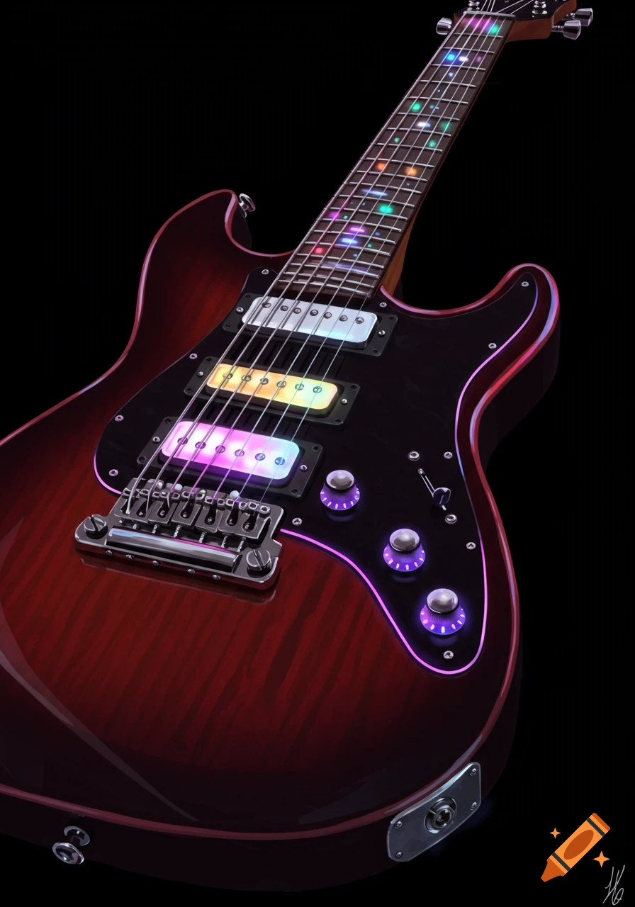 Close-up of a dark red electric guitar with a glowing, colorful fretboard and pickguard accents