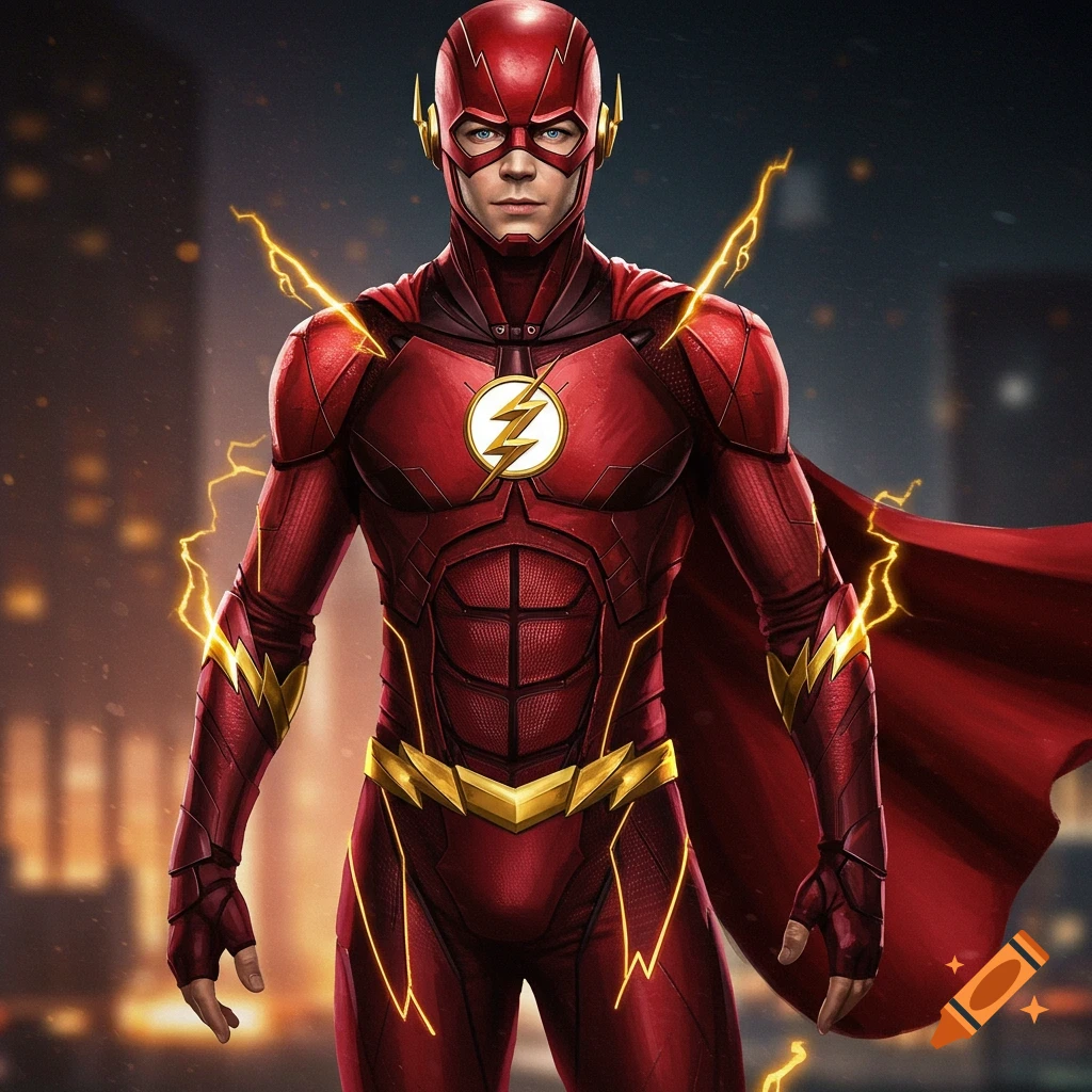 Illustration of The Flash superhero in his red suit with yellow lightning effects standing against a blurred city background.
