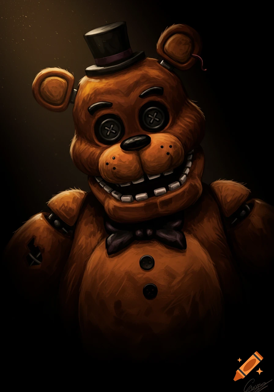 A creepy brown animatronic bear with a black top hat and bow tie, button eyes, and sharp teeth smiles in a dark, dimly lit room.