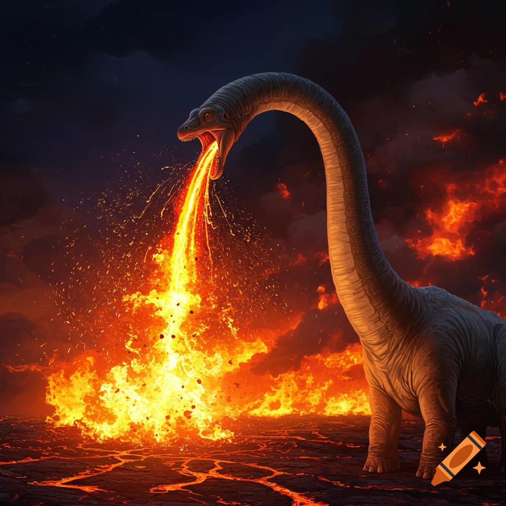 A large dinosaur breathes fire onto a lava landscape under a dark sky.