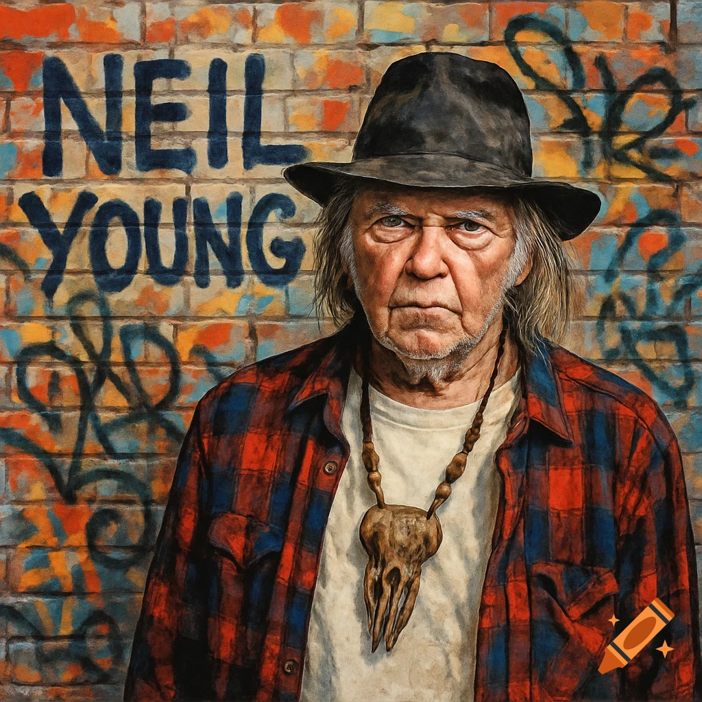 A painterly portrait of musician Neil Young in a hat and plaid shirt against a graffiti-covered brick wall.