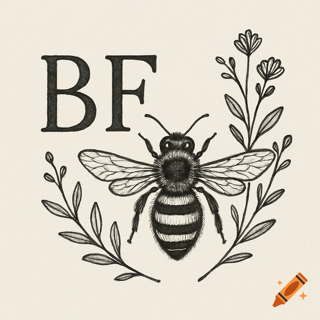 Sketch of a bee with plants and the initials BF