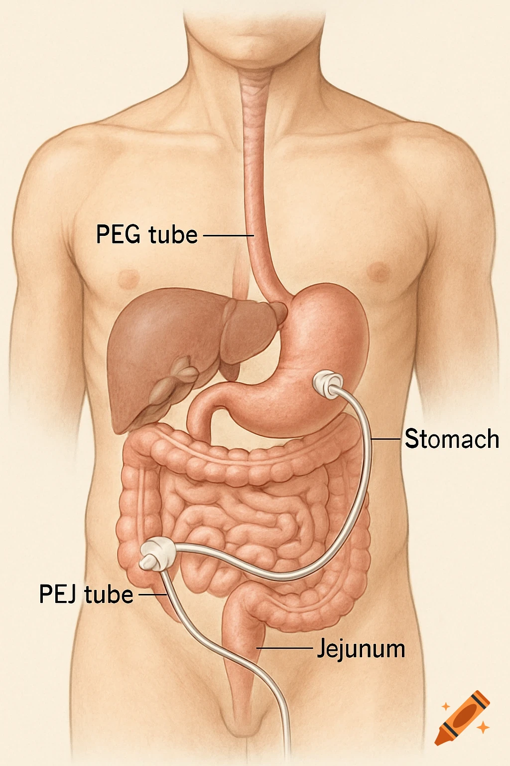 Medical illustration of a human torso showing PEG and PEJ tubes inserted into the stomach and jejunum.