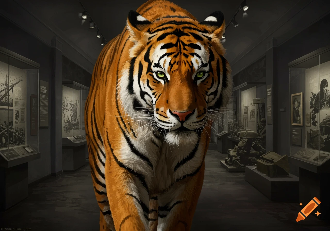 A large tiger walks through a museum exhibit hall.