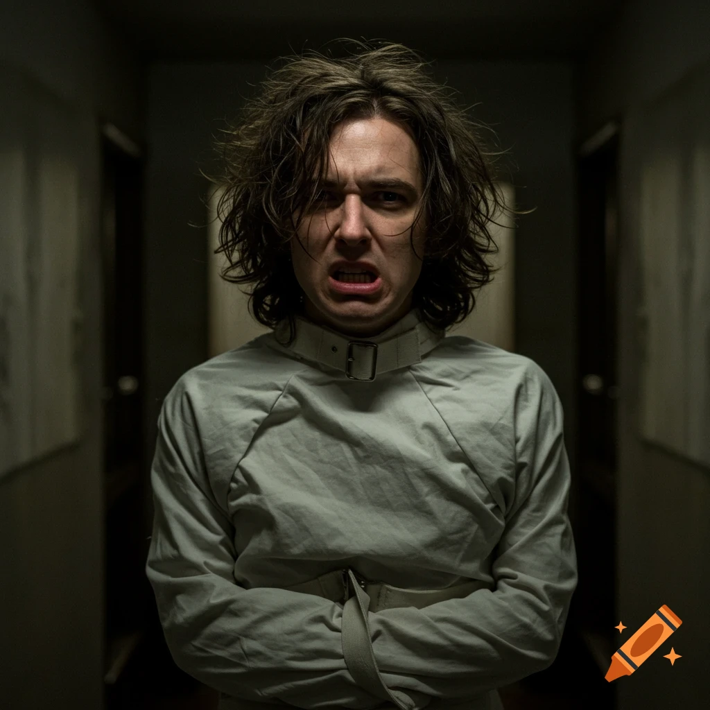 A person in a straitjacket with a distressed face in a dark hallway.
