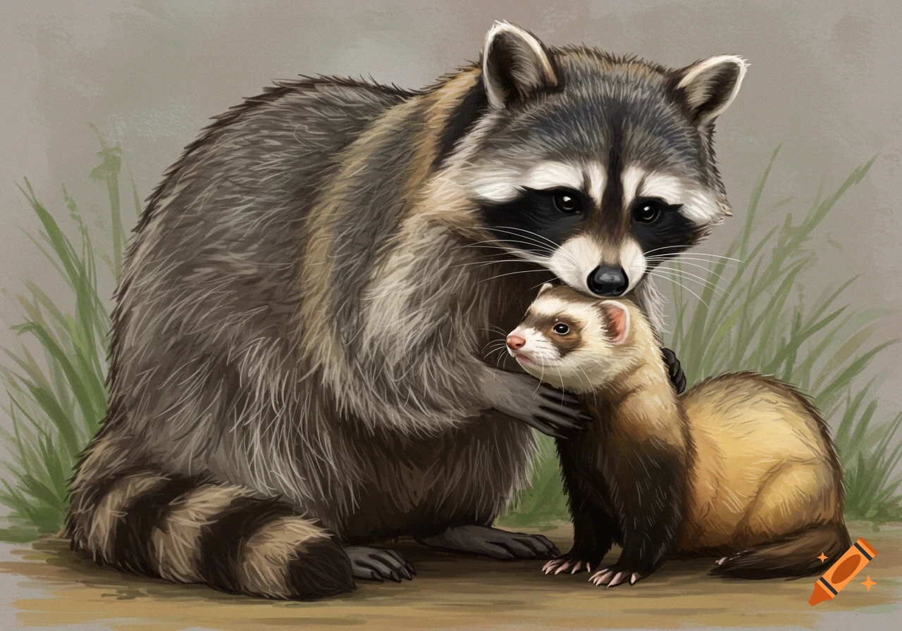 A raccoon embraces a ferret.