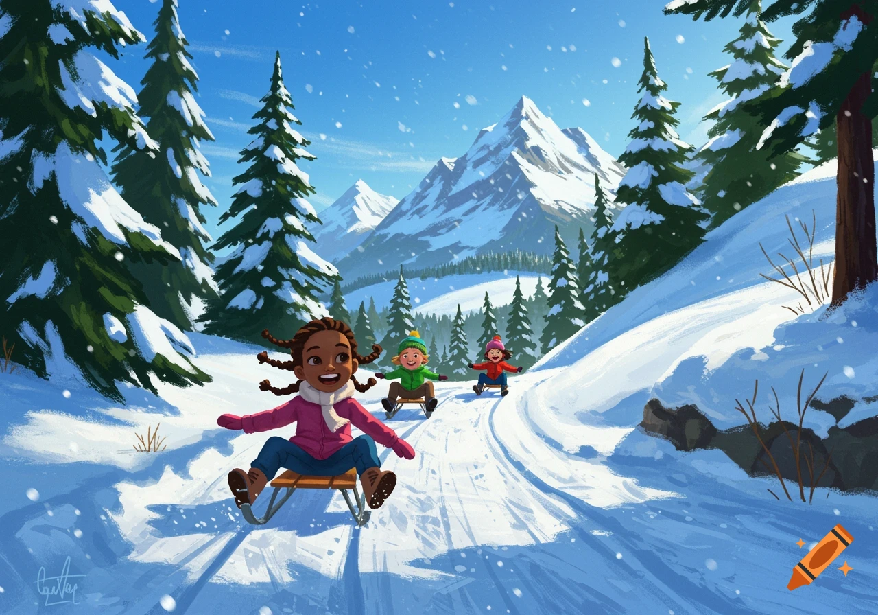 Cartoon illustration of three children sledding down a snowy mountain path