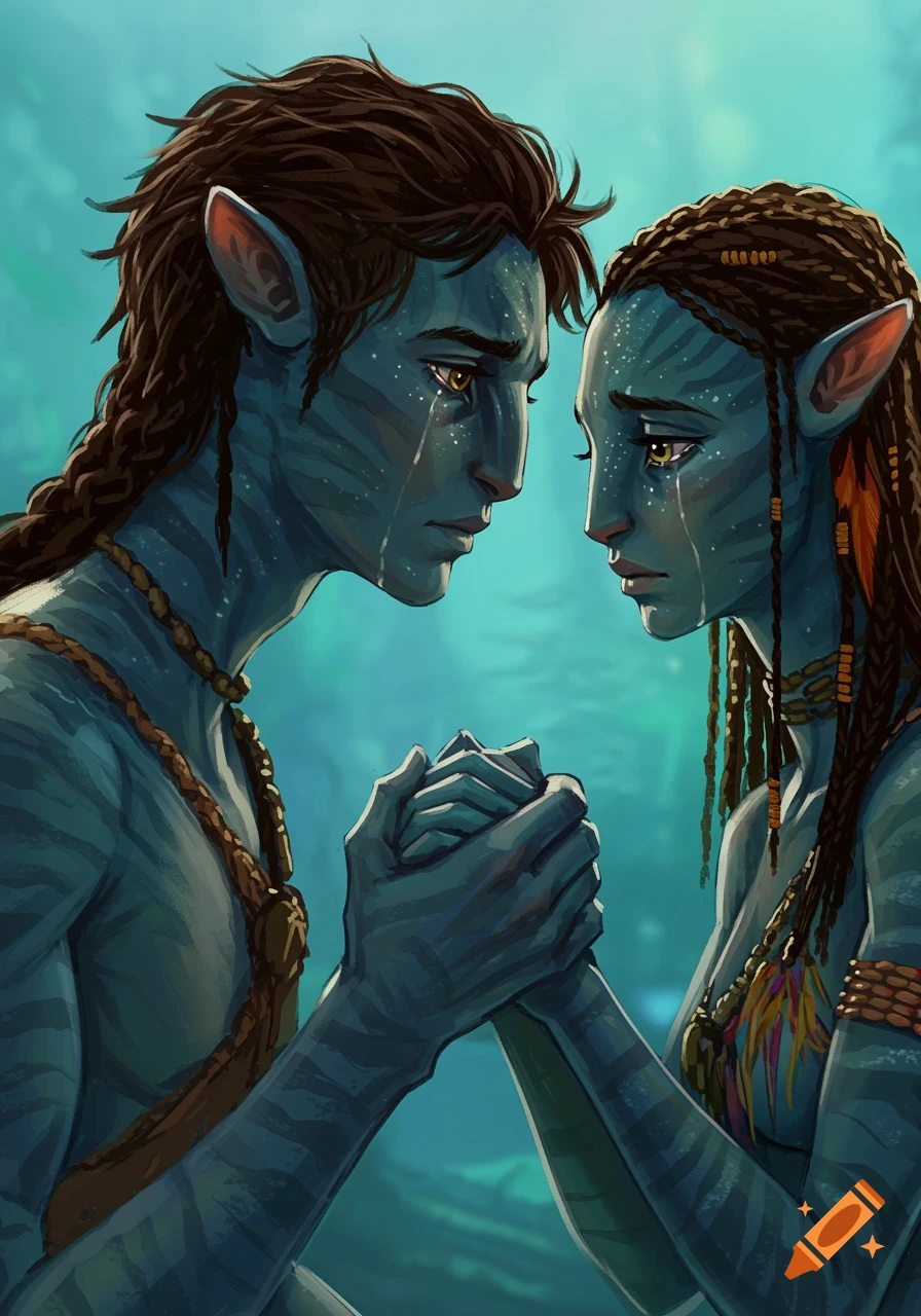 Illustration of Lo'ak and Sayiya from Avatar crying and holding hands.