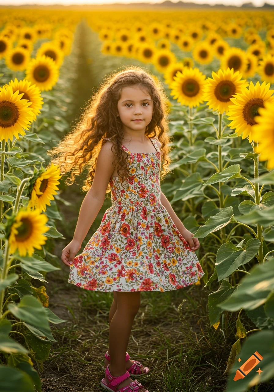 A young girl with long curly hair stands in a field of tall sunflowers at sunset.