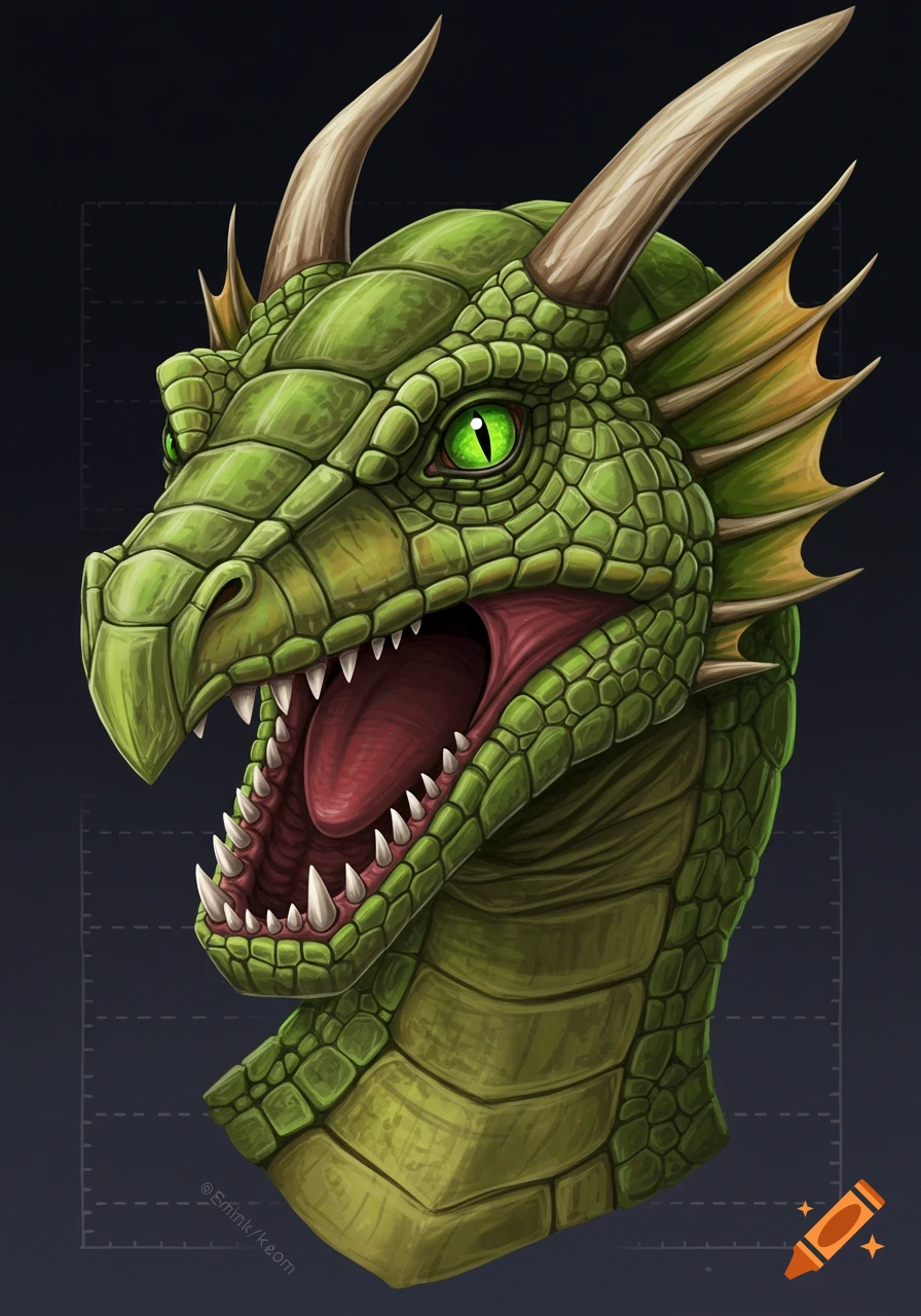 Illustration of a green dragon head with its mouth open on Craiyon