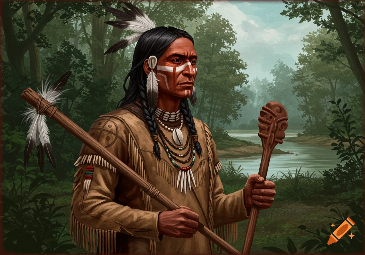 A man in traditional clothing holding staffs stands in a forest near a river.