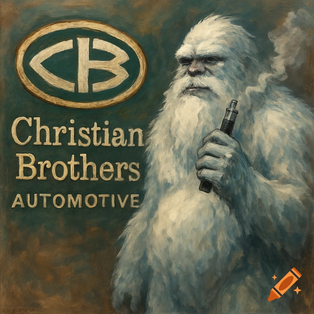 Oil painting of a yeti with a beard holding a vape next to a Christian Brothers Automotive sign.