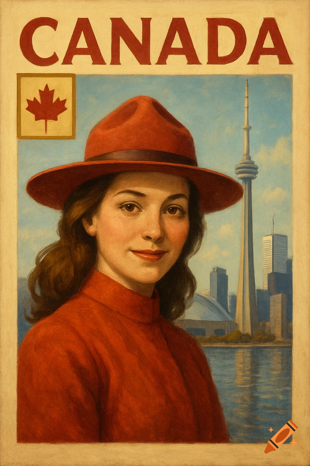 Vintage style poster of a woman in a red hat and shirt, with 'CANADA' text and maple leaf above, and the Toronto skyline in the background.