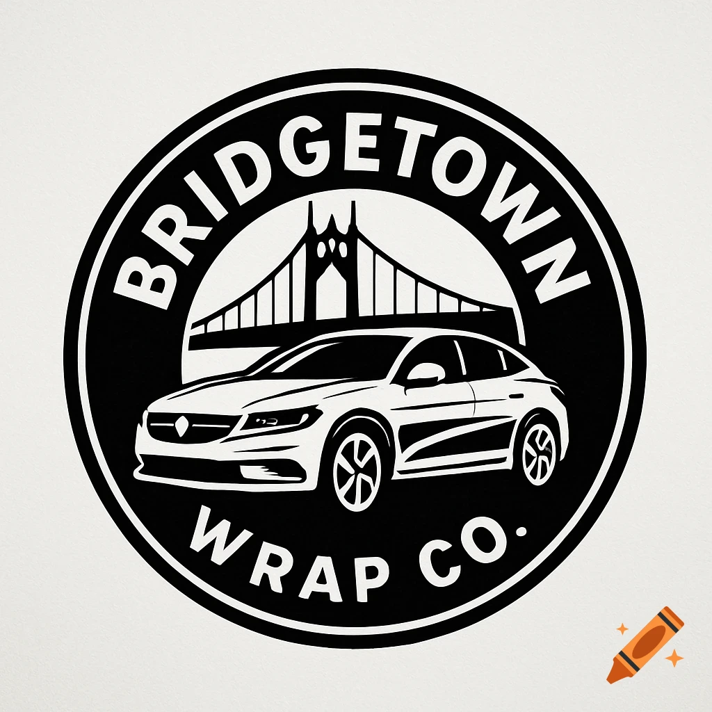 Black and white circular logo with a car, bridge, and text 'Bridgetown Wrap Co.'.