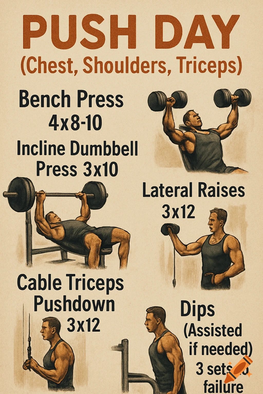 Poster illustrating a push day workout with exercises like bench press, incline dumbbell press, lateral raises, triceps pushdown, and dips.