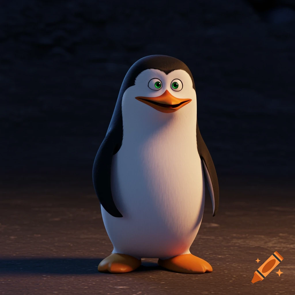 A cartoon penguin character with green eyes stands and smiles.