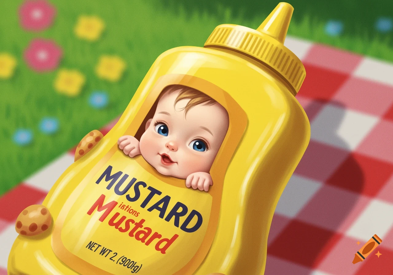 Illustration of a baby in a mustard bottle costume sitting on a picnic blanket